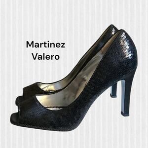 MARTINEZ‎ VALERO HIGH HEELS Size 10 Whisper Black Sequined Pumps Peep Toe 4"